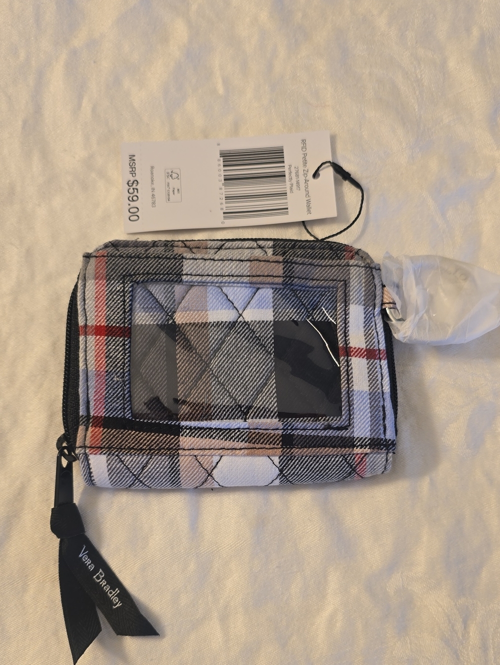 Vera Bradley RFID Petite Zip Around Wallet Perfectly Plaid With Key Ring New
